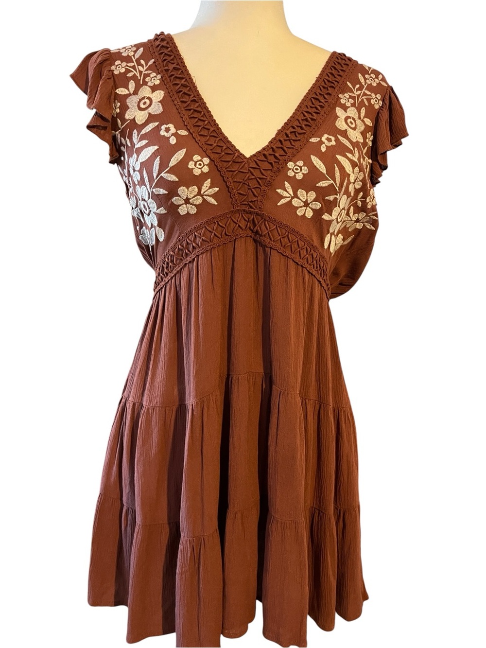 Francesca’s Collections Rust Floral Embroidered Crochet Mini Dress Size Small